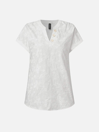 V Neck Embroidery Simple Cotton Plain Loose Blouse